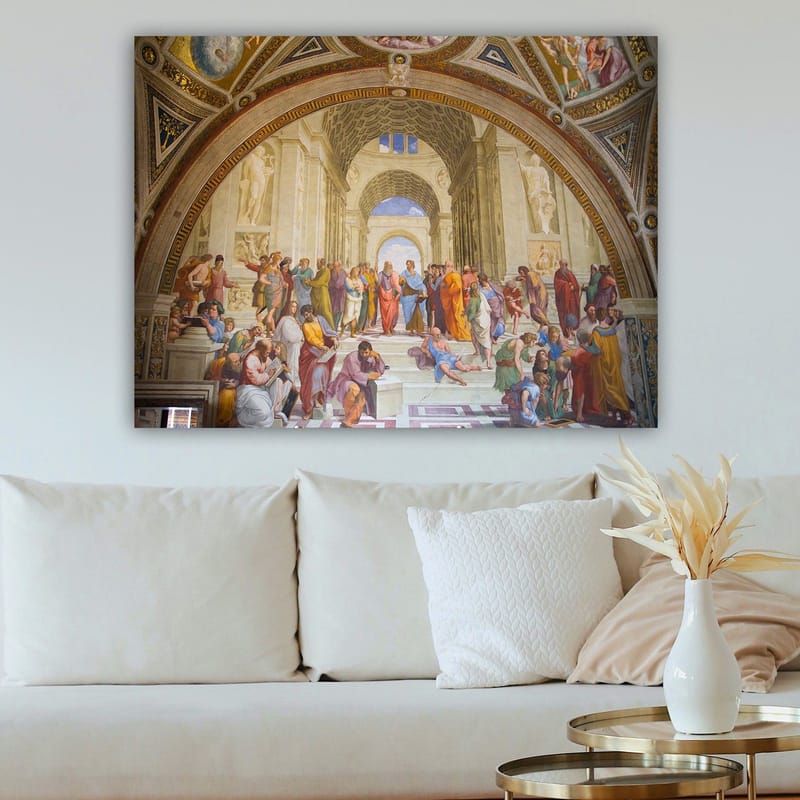 Canvastavla 70x100 cm - Stor samling av filosofer och tänkare i en storslagen arkitektonisk miljö - Blå / Röd / Beige - Inredning - Tavlor & konst - Canvastavlor