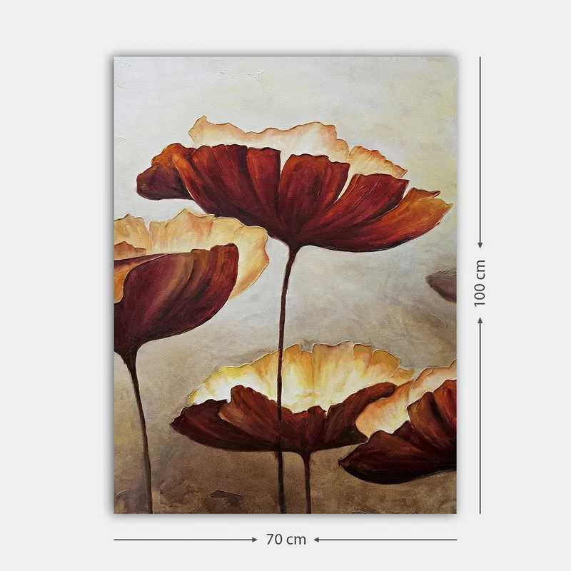 Canvastavla 70x100 cm - Stora, stiliserade blommor i varma toner - Mörkröd / Krämvit - Inredning - Tavlor & konst - Canvastavlor