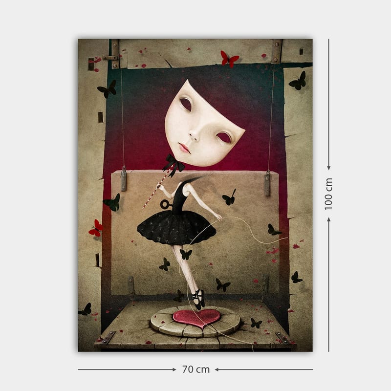 Canvastavla 70x100 cm - Surrealistisk ballerina med en stor, uttrycksfull ansiktsmask dansar bland fjärilar - Svart / Röd / Beige - Inredning - Tavlor & konst - Canvastavlor