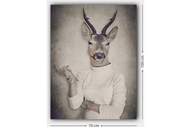 Canvastavla 70x100 cm - Surrealistisk bild av en människa med ett rådjurshuvud som gestikulerar med handen - Beige / Grå / Brun - Inredning - Tavlor & konst - Canvastavlor