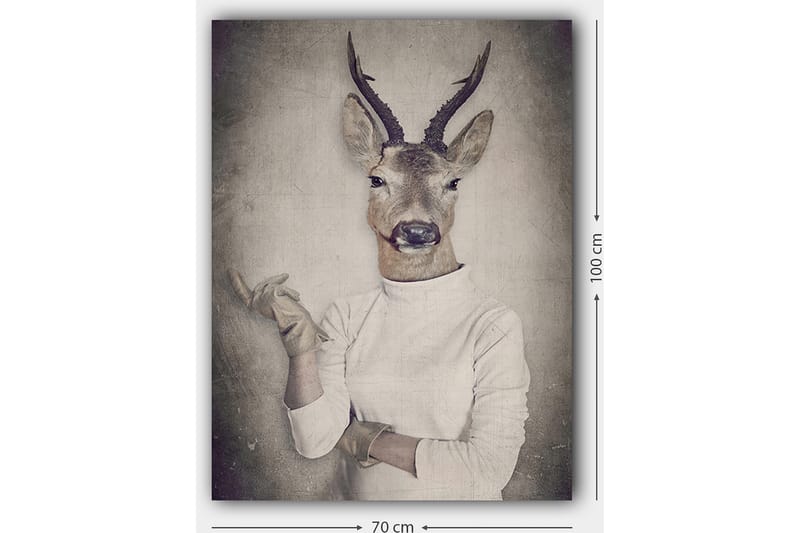 Canvastavla 70x100 cm - Surrealistisk bild av en människa med ett rådjurshuvud som gestikulerar med handen - Beige / Grå / Brun - Inredning - Tavlor & konst - Canvastavlor