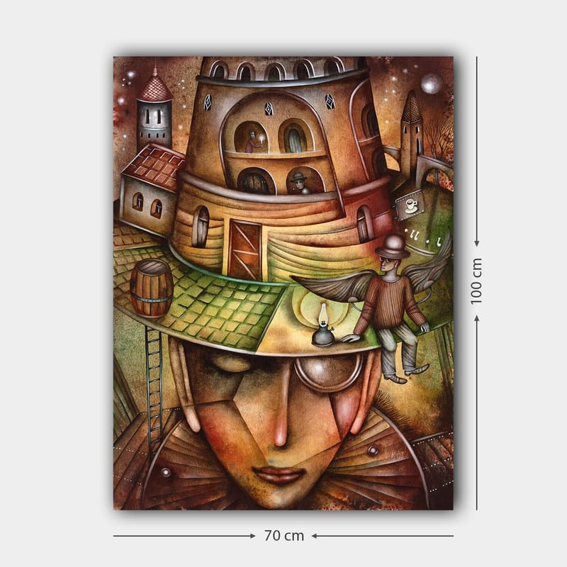 Canvastavla 70x100 cm - Surrealistisk komposition med en stor, ansiktsliknande figur som bär en hatt med en byggnad och en vingad figur på toppen - Brun / Grön / Beige - Inredning - Tavlor & konst - Canvastavlor