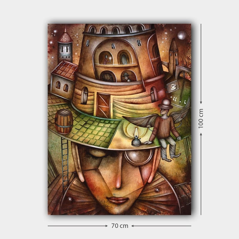 Canvastavla 70x100 cm - Surrealistisk komposition med en stor, ansiktsliknande figur som bär en hatt med en byggnad och en vingad figur på toppen - Brun / Grön / Beige - Inredning - Tavlor & konst - Canvastavlor