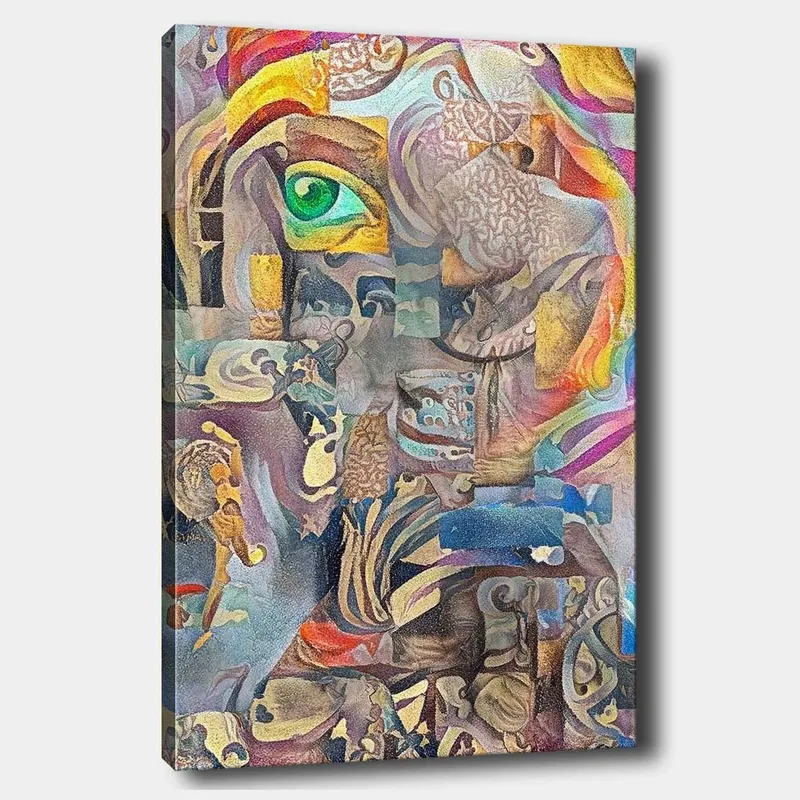 Canvastavla 70x100 cm - Surrealistisk komposition med ett öga och abstrakta former som skapar en drömlik atmosfär - Grön / Beige / Röd - Inredning - Tavlor & konst - Canvastavlor