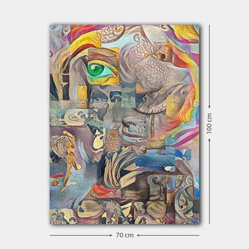 Canvastavla 70x100 cm - Surrealistisk komposition med ett öga och abstrakta former som skapar en drömlik atmosfär - Grön / Beige / Röd - Inredning - Tavlor & konst - Canvastavlor