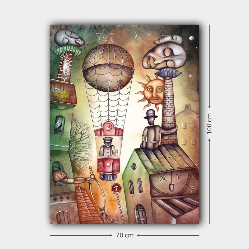 Canvastavla 70x100 cm - Surrealistisk scen med en luftballong som svävar över en stad med karaktäristiska byggnader och figurer - Grön / Brun / Beige - Inredning - Tavlor & konst - Canvastavlor