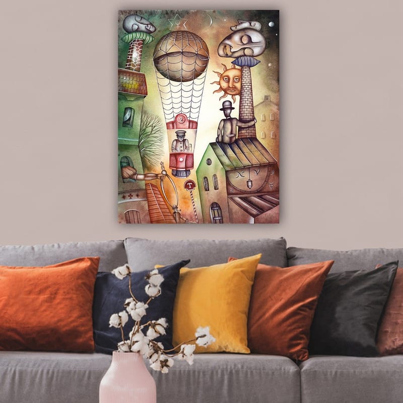 Canvastavla 70x100 cm - Surrealistisk scen med en luftballong som svävar över en stad med karaktäristiska byggnader och figurer - Grön / Brun / Beige - Inredning - Tavlor & konst - Canvastavlor