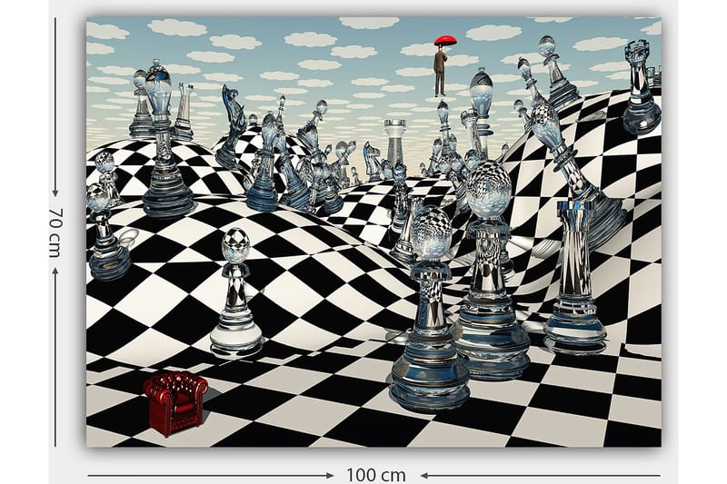 Canvastavla 70x100 cm - Surrealistisk schackbräda med genomskinliga schackpjäser som sträcker sig över böljande landskap - Svart / Vitt / Transparent - Inredning - Tavlor & konst - Canvastavlor