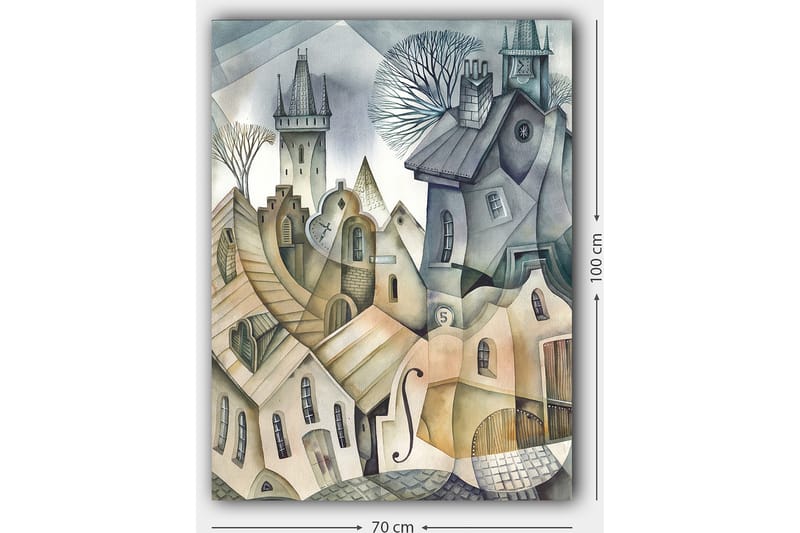 Canvastavla 70x100 cm - Surrealistisk stadsbild med böljande hus och torn som skapar en drömlik atmosfär - Grå / Beige / Vit - Inredning - Tavlor & konst - Canvastavlor