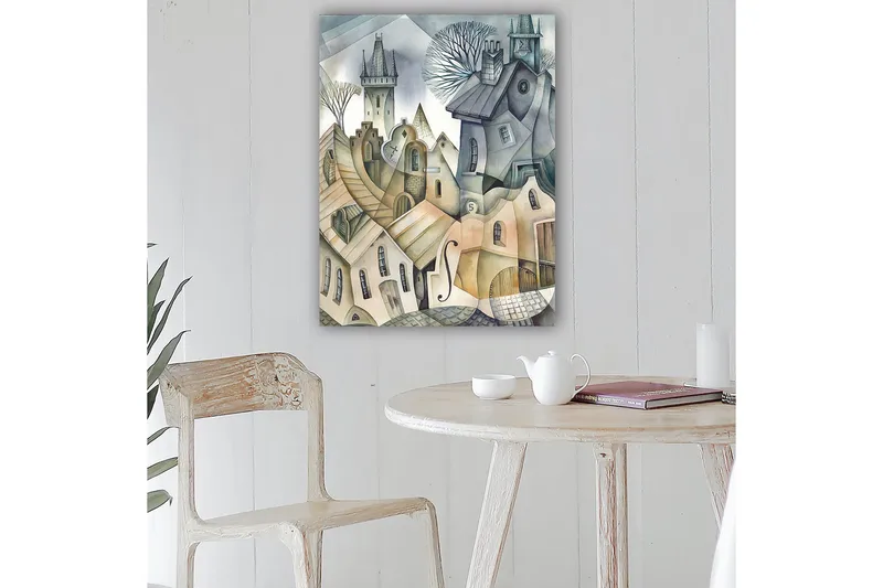 Canvastavla 70x100 cm - Surrealistisk stadsbild med böljande hus och torn som skapar en drömlik atmosfär - Grå / Beige / Vit - Inredning - Tavlor & konst - Canvastavlor