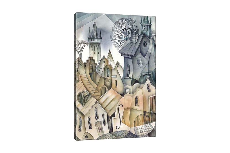 Canvastavla 70x100 cm - Surrealistisk stadsbild med böljande hus och torn som skapar en drömlik atmosfär, Grå / Beige / Vit