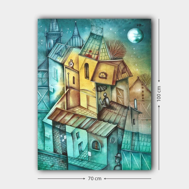 Canvastavla 70x100 cm - Surrealistisk stadsbild med färgglada hus och en person som sitter på taket under en paraply - Grön / Gul / Blå - Inredning - Tavlor & konst - Canvastavlor