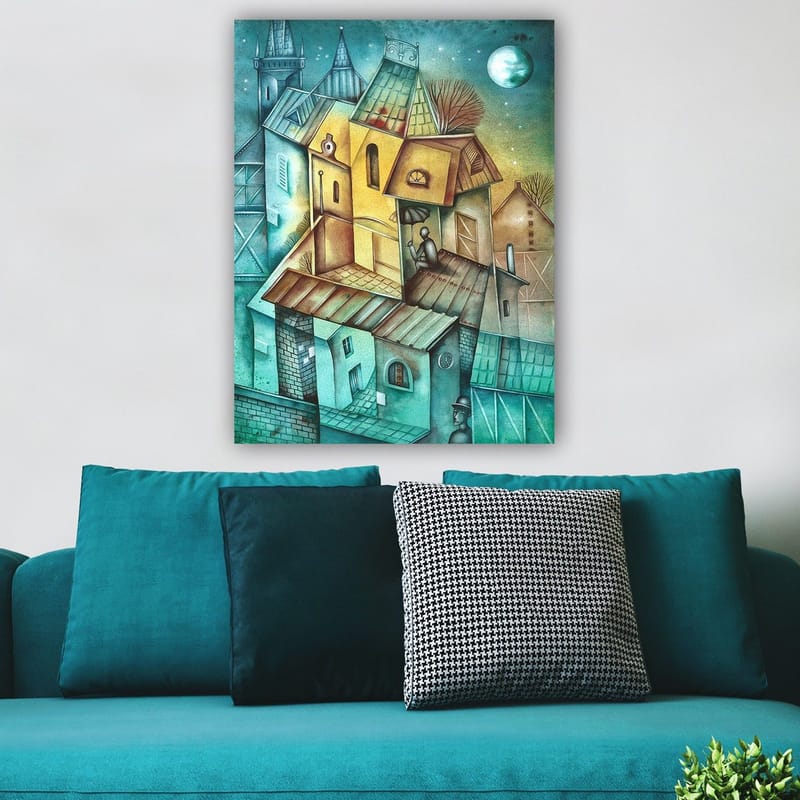 Canvastavla 70x100 cm - Surrealistisk stadsbild med färgglada hus och en person som sitter på taket under en paraply - Grön / Gul / Blå - Inredning - Tavlor & konst - Canvastavlor