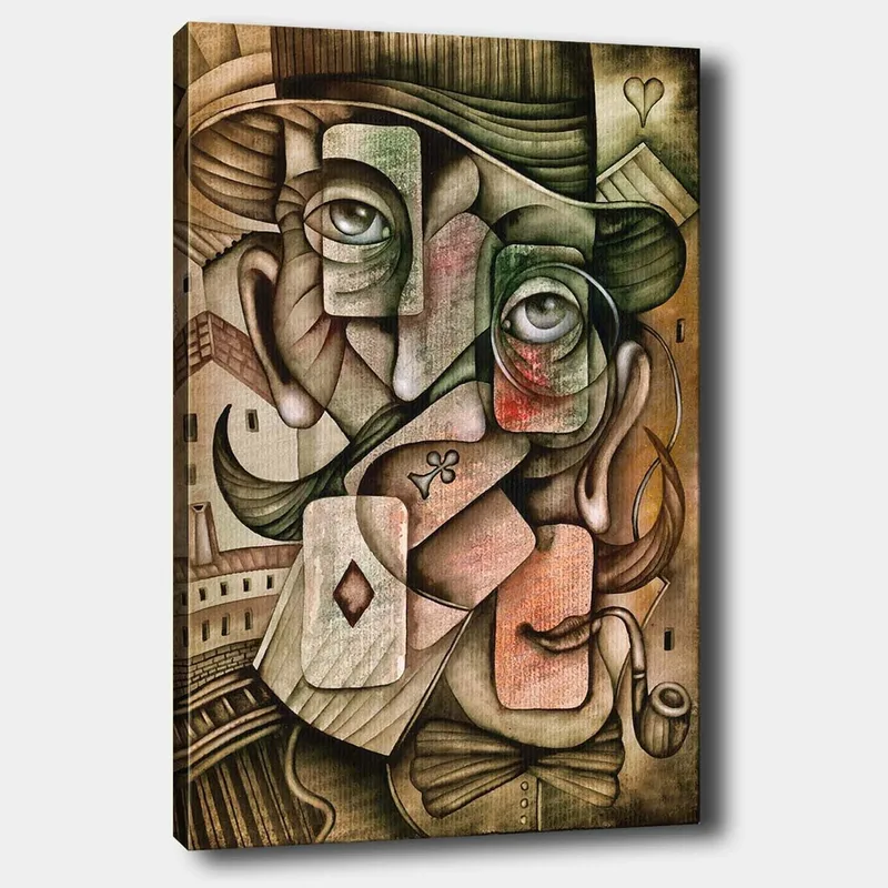 Canvastavla 70x100 cm - Surrealistisk porträttkomposition med två ansikten och spelkortselement, Grön / Brun / Röd