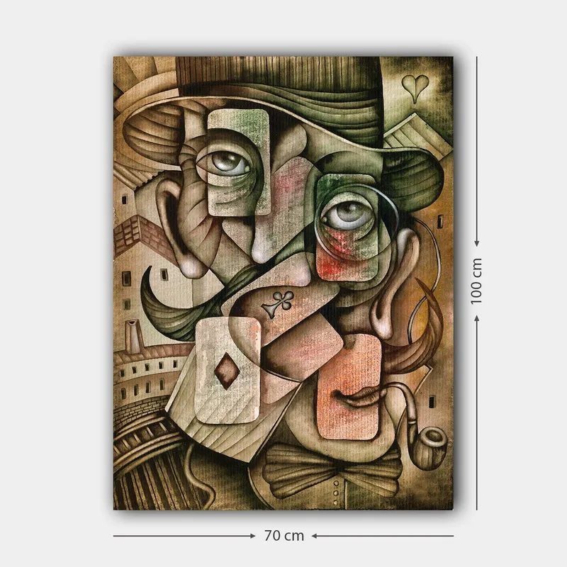 Canvastavla 70x100 cm - Surrealistisk porträttkomposition med två ansikten och spelkortselement - Grön / Brun / Röd - Inredning - Tavlor & konst - Canvastavlor