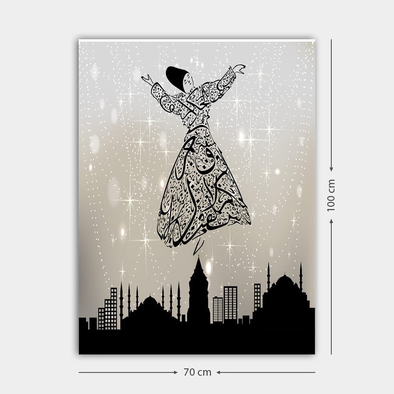 Canvastavla 70x100 cm - Svävande dansare i traditionell klädsel, omgiven av en stadssilhuett - Svart / Vit / Grå - Inredning - Tavlor & konst - Canvastavlor