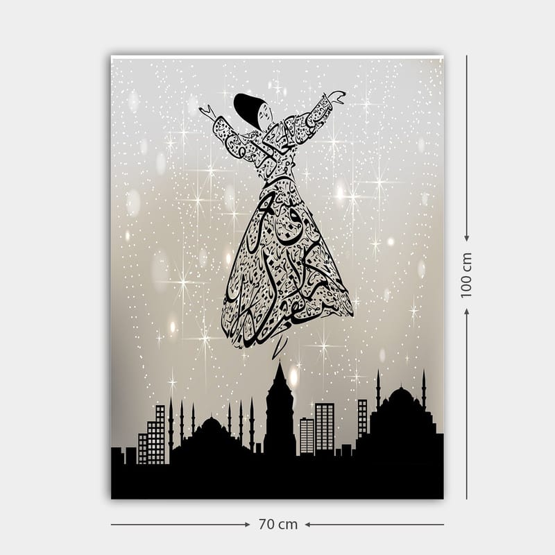 Canvastavla 70x100 cm - Svävande dansare i traditionell klädsel, omgiven av en stadssilhuett - Svart / Vit / Grå - Inredning - Tavlor & konst - Canvastavlor