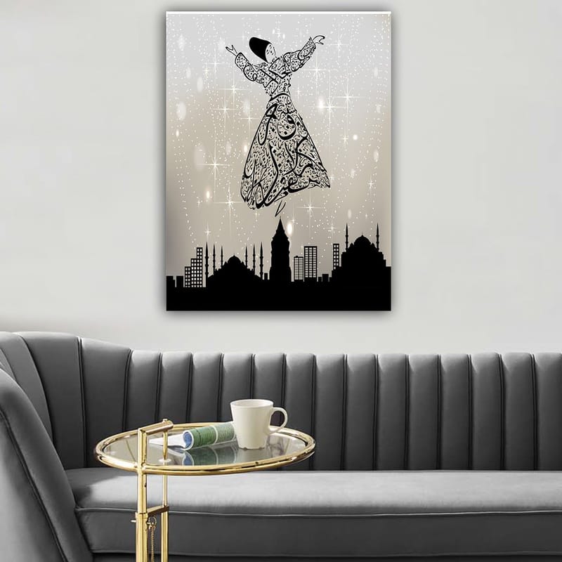 Canvastavla 70x100 cm - Svävande dansare i traditionell klädsel, omgiven av en stadssilhuett - Svart / Vit / Grå - Inredning - Tavlor & konst - Canvastavlor