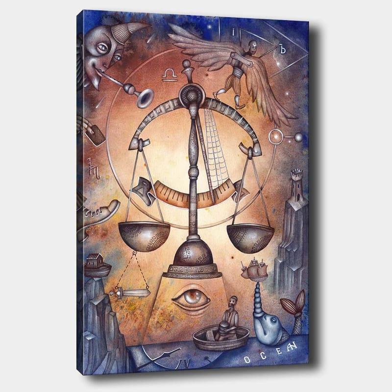 Canvastavla 70x100 cm - Symbolisk skala som representerar balans, omgiven av olika element som föreställer livets komplexitet - Guld / Blå / Brun - Inredning - Tavlor & konst - Canvastavlor