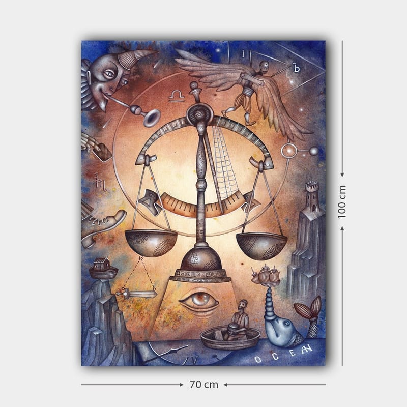 Canvastavla 70x100 cm - Symbolisk skala som representerar balans, omgiven av olika element som föreställer livets komplexitet - Guld / Blå / Brun - Inredning - Tavlor & konst - Canvastavlor