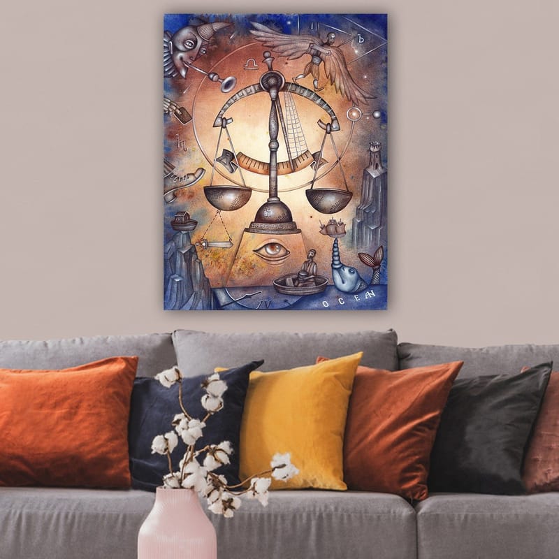 Canvastavla 70x100 cm - Symbolisk skala som representerar balans, omgiven av olika element som föreställer livets komplexitet, Guld / Blå / Brun