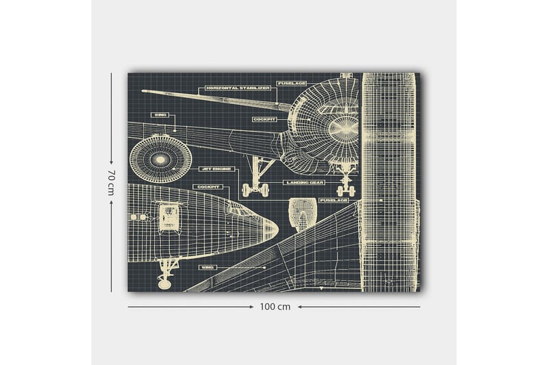 Canvastavla 70x100 cm - Teknisk ritning av ett flygplan med detaljerade komponenter - Mörkblå / Ljusbeige - Inredning - Tavlor & konst - Canvastavlor