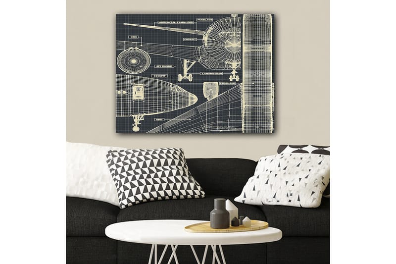 Canvastavla 70x100 cm - Teknisk ritning av ett flygplan med detaljerade komponenter - Mörkblå / Ljusbeige - Inredning - Tavlor & konst - Canvastavlor