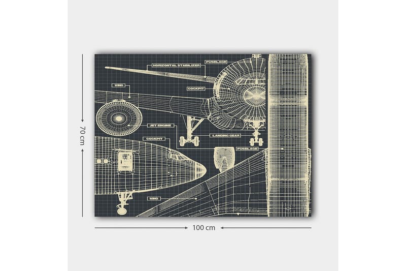 Canvastavla 70x100 cm - Teknisk ritning av ett flygplan med detaljerade komponenter - Mörkblå / Ljusbeige - Inredning - Tavlor & konst - Canvastavlor