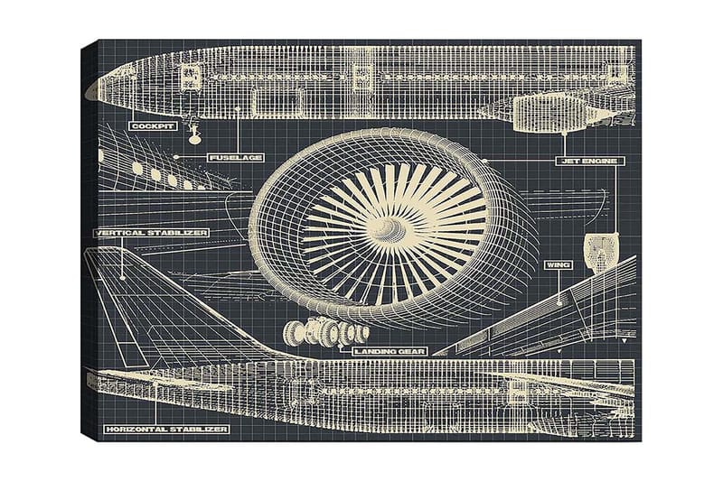 Canvastavla 70x100 cm - Teknisk ritning av ett flygplan med fokus på motor och vingar, Mörkblå / Beige
