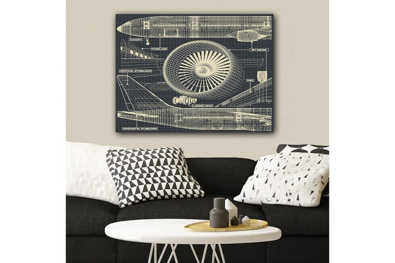 Canvastavla 70x100 cm - Teknisk ritning av ett flygplan med fokus på motor och vingar - Mörkblå / Beige - Inredning - Tavlor & konst - Canvastavlor