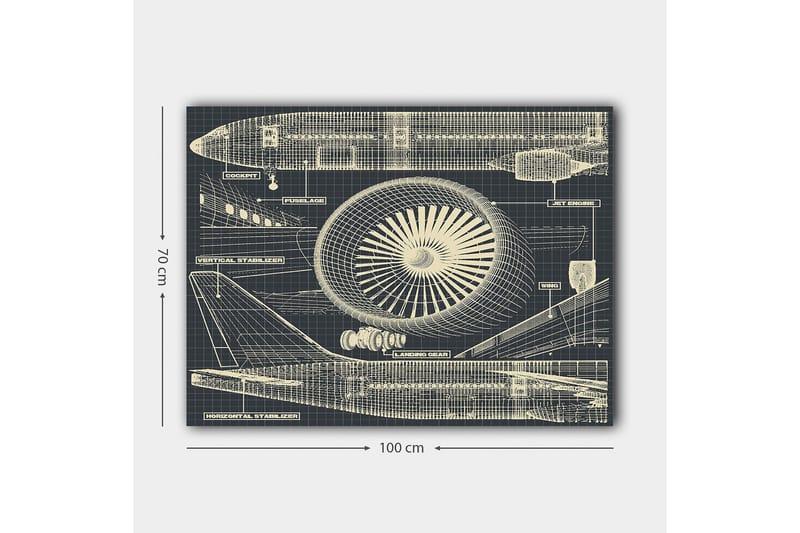 Canvastavla 70x100 cm - Teknisk ritning av ett flygplan med fokus på motor och vingar - Mörkblå / Beige - Inredning - Tavlor & konst - Canvastavlor
