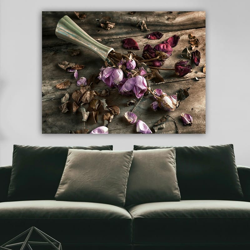 Canvastavla 70x100 cm - Torkade rosor och blad i en vacker komposition - Lila / Brun / Grön - Inredning - Tavlor & konst - Canvastavlor