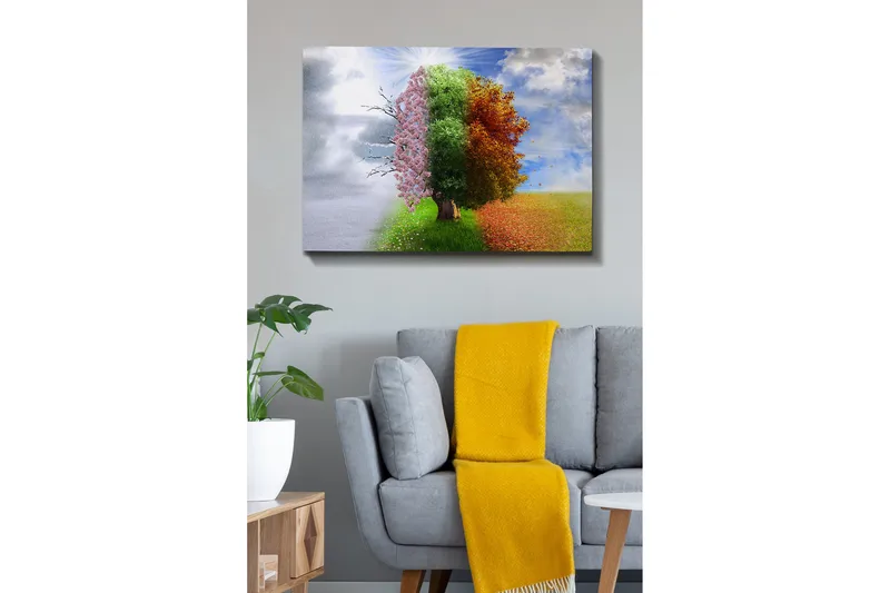 Canvastavla 70x100 cm - Trädkonstruktion som representerar de fyra årstiderna, från vinter till vår, som övergår till sommar och höst - Rosa / Grön / Orange - Inredning - Tavlor & konst - Canvastavlor