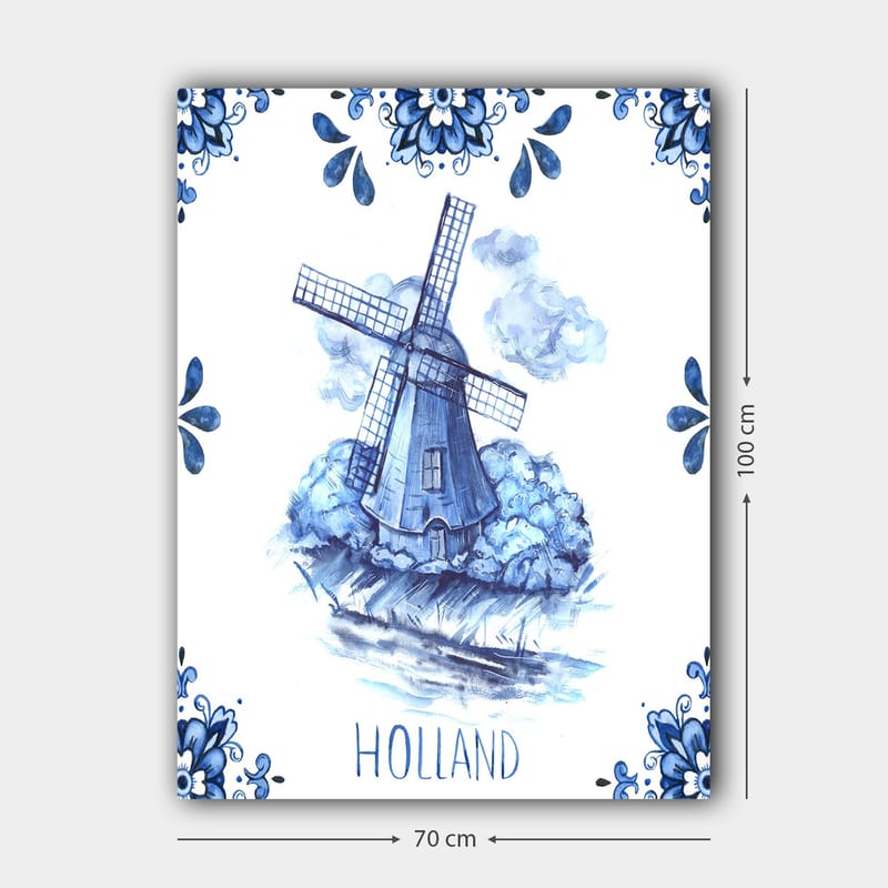 Canvastavla 70x100 cm - Traditionell holländsk väderkvarn omgiven av blå blommor och moln - Blå / Vit - Inredning - Tavlor & konst - Canvastavlor