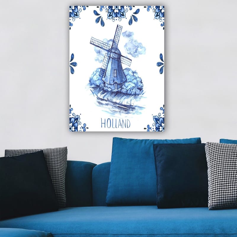 Canvastavla 70x100 cm - Traditionell holländsk väderkvarn omgiven av blå blommor och moln - Blå / Vit - Inredning - Tavlor & konst - Canvastavlor