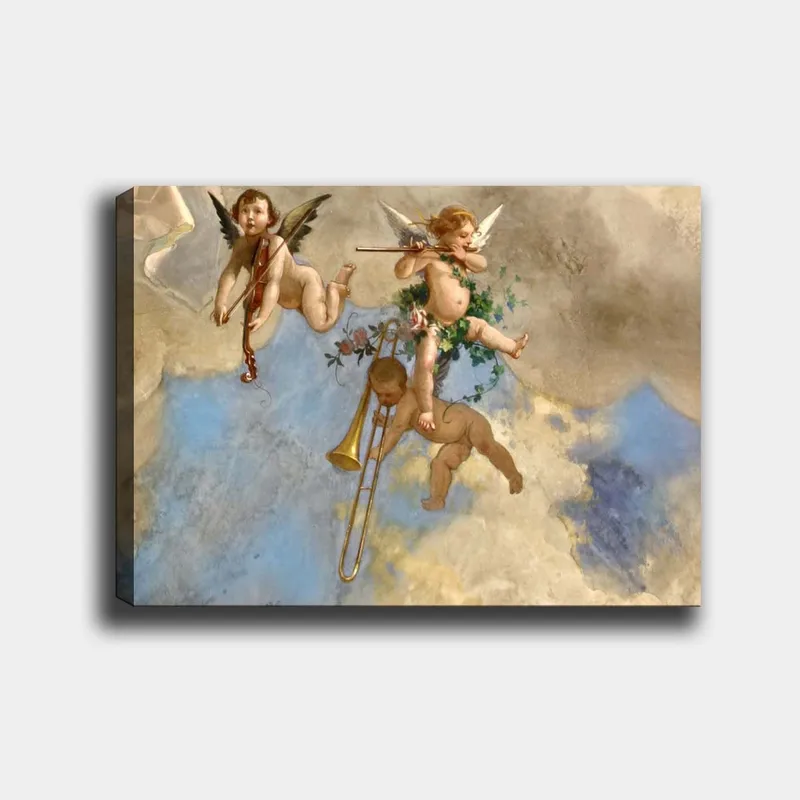 Canvastavla 70x100 cm - Tre änglar som spelar musik i en drömlik himmel, Blå / Beige / Rosa