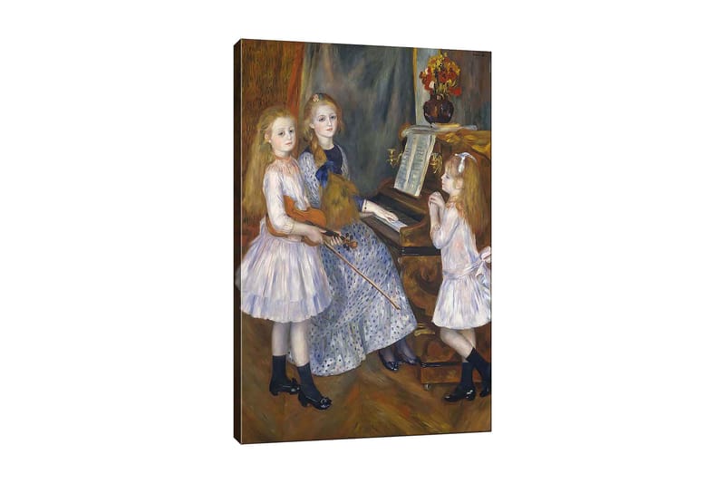 Canvastavla 70x100 cm - Tre flickor som spelar musik vid ett piano, Ljusblå / Vit / Svart