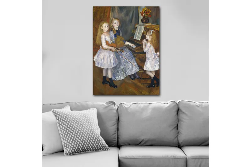 Canvastavla 70x100 cm - Tre flickor som spelar musik vid ett piano - Ljusblå / Vit / Svart - Inredning - Tavlor & konst - Canvastavlor