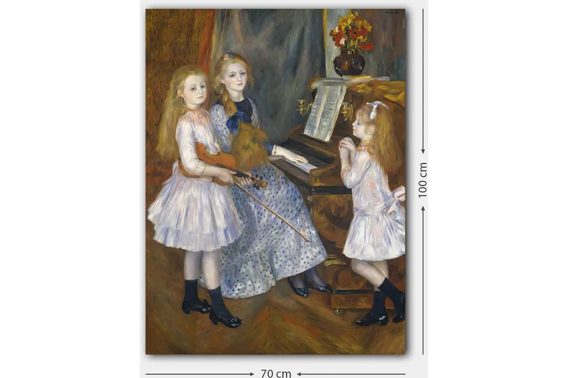 Canvastavla 70x100 cm - Tre flickor som spelar musik vid ett piano - Ljusblå / Vit / Svart - Inredning - Tavlor & konst - Canvastavlor