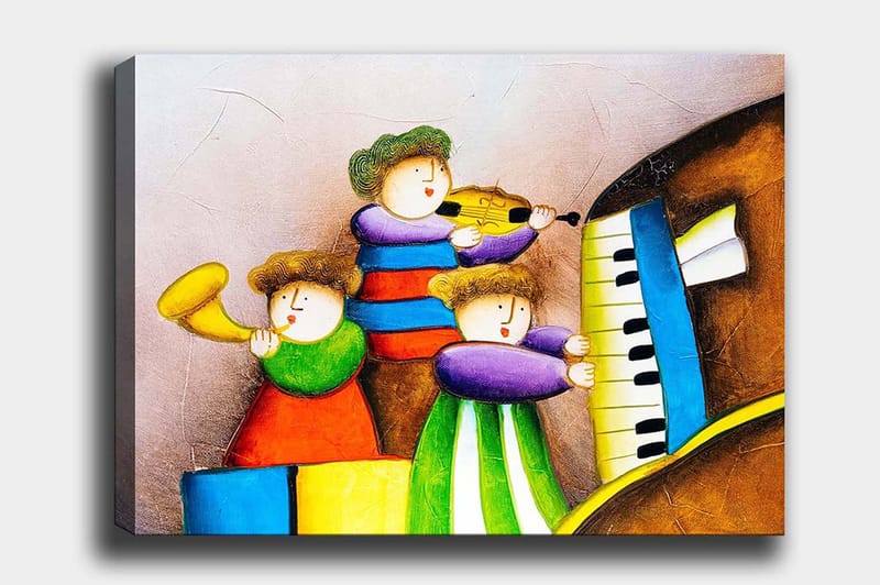 Canvastavla 70x100 cm - Tre glada barn som spelar musik med olika instrument - Grön / Röd / Blå - Inredning - Tavlor & konst - Canvastavlor