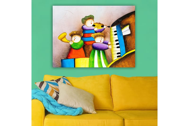 Canvastavla 70x100 cm - Tre glada barn som spelar musik med olika instrument - Grön / Röd / Blå - Inredning - Tavlor & konst - Canvastavlor