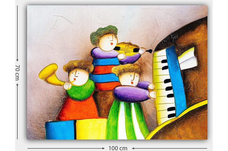 Canvastavla 70x100 cm - Tre glada barn som spelar musik med olika instrument - Grön / Röd / Blå - Inredning - Tavlor & konst - Canvastavlor