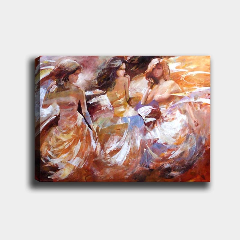 Canvastavla 70x100 cm - Tre kvinnor i flödande klänningar som dansar, fångade i en dynamisk rörelse - Orange / Vit / Beige - Inredning - Tavlor & konst - Canvastavlor