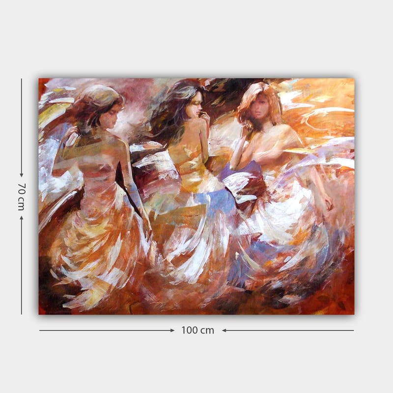 Canvastavla 70x100 cm - Tre kvinnor i flödande klänningar som dansar, fångade i en dynamisk rörelse - Orange / Vit / Beige - Inredning - Tavlor & konst - Canvastavlor
