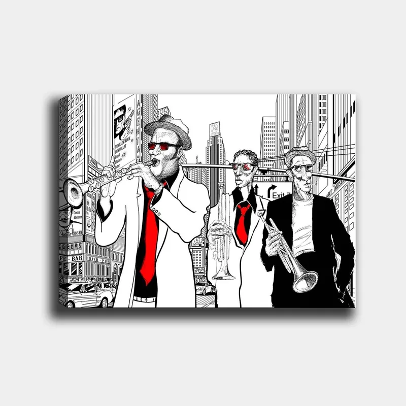 Canvastavla 70x100 cm - Tre musiker i kostymer spelar instrument på en livlig stadsgata, Röd / Svart / Vit