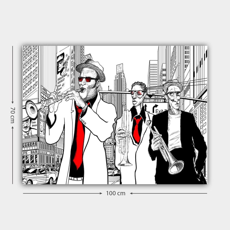 Canvastavla 70x100 cm - Tre musiker i kostymer spelar instrument på en livlig stadsgata - Röd / Svart / Vit - Inredning - Tavlor & konst - Canvastavlor