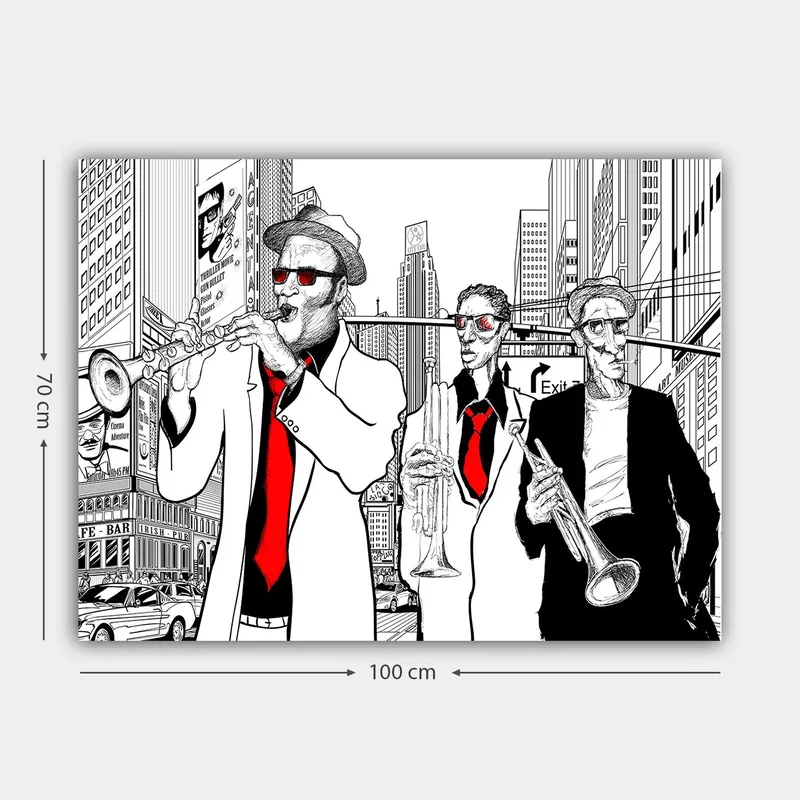 Canvastavla 70x100 cm - Tre musiker i kostymer spelar instrument på en livlig stadsgata - Röd / Svart / Vit - Inredning - Tavlor & konst - Canvastavlor