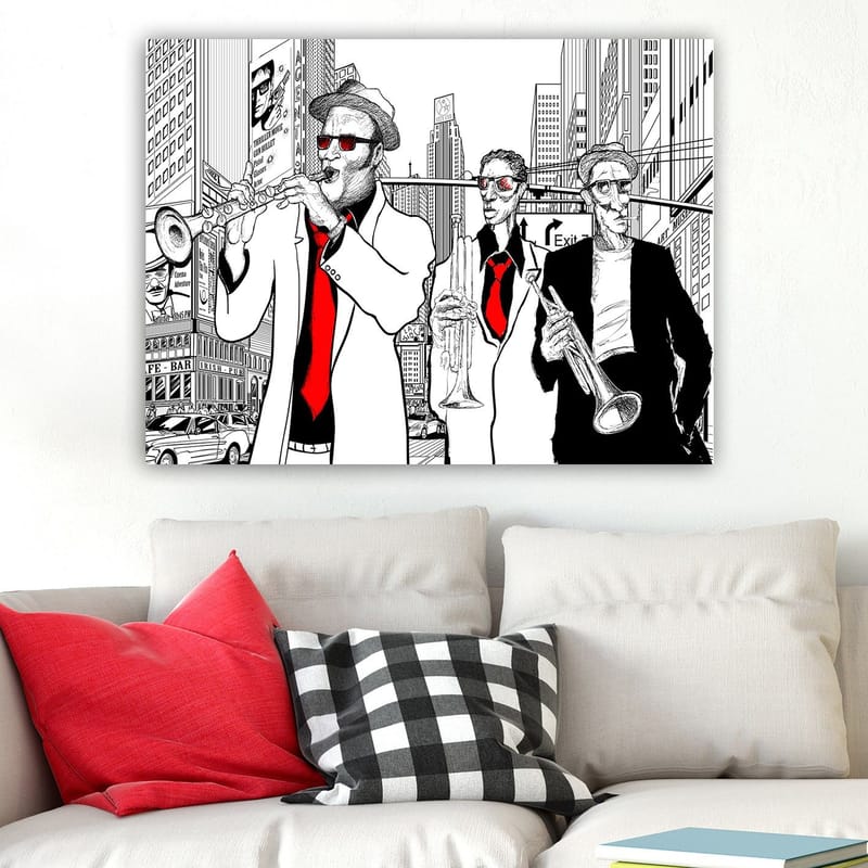 Canvastavla 70x100 cm - Tre musiker i kostymer spelar instrument på en livlig stadsgata - Röd / Svart / Vit - Inredning - Tavlor & konst - Canvastavlor