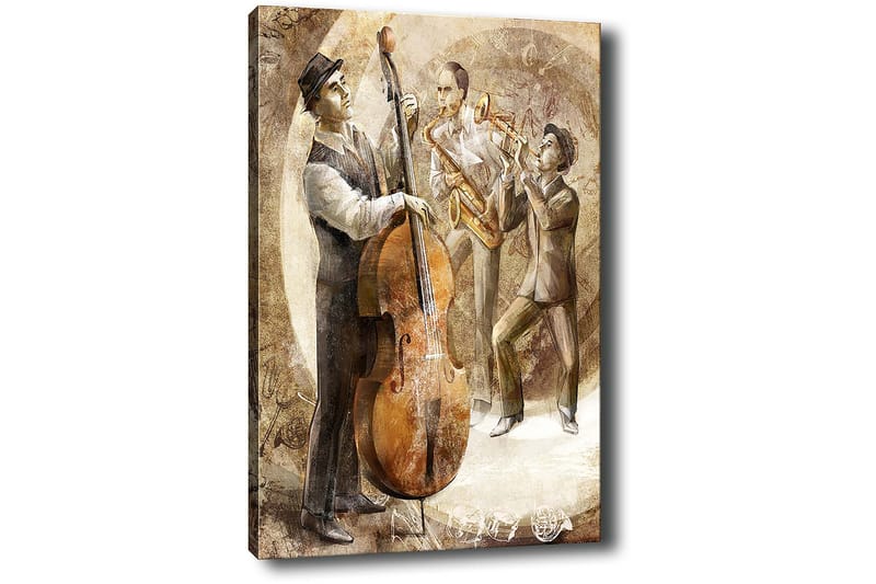 Canvastavla 70x100 cm - Tre musiker som spelar jazz, med en kontrabas i fokus - Brun / Beige / Vit - Inredning - Tavlor & konst - Canvastavlor