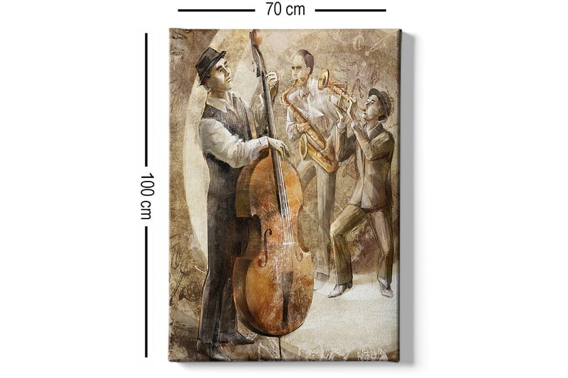 Canvastavla 70x100 cm - Tre musiker som spelar jazz, med en kontrabas i fokus - Brun / Beige / Vit - Inredning - Tavlor & konst - Canvastavlor